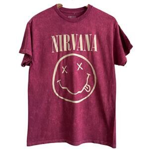Nirvana Smiley Face Tee – Vintage Wash Burgundy – Size M (19.5” P2P) – NWOT